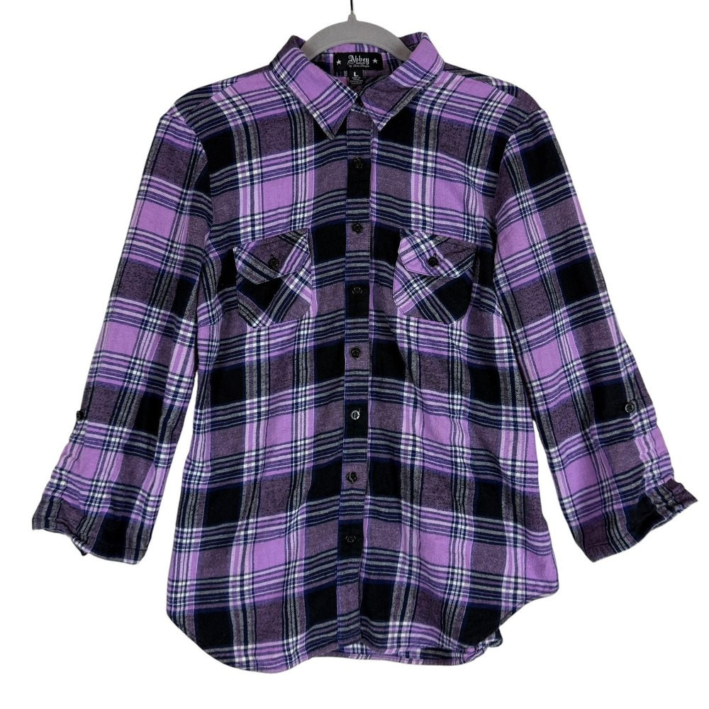 Abbey Dawn Shirt Juniors L Purple Plaid Button Up 3/4 Sleeve Roll Tab Zip Back